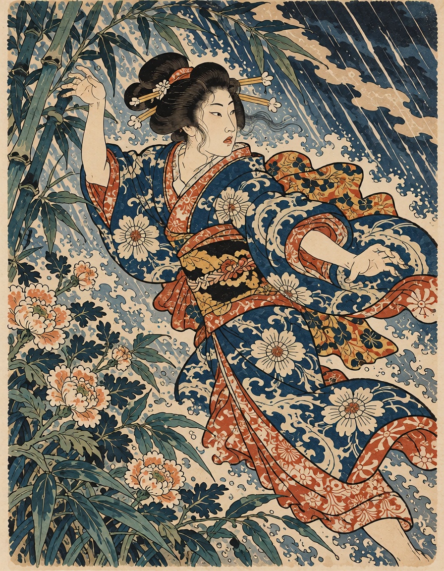 beautiful woman walking through a garden during heavy summer rain,  wind pulling at her patterned kimono,  bending bamboo...