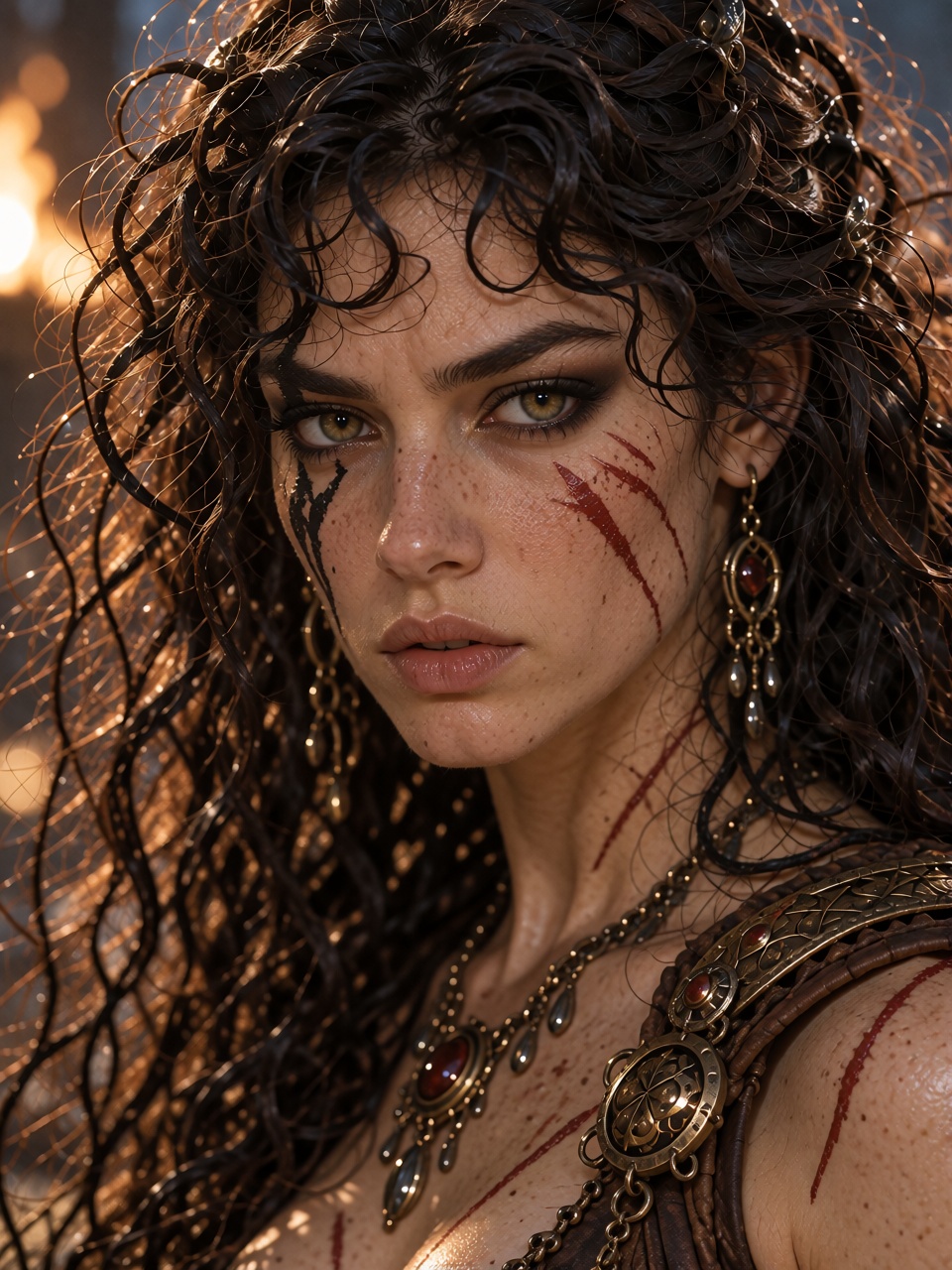 Mariana the Barbarian Princess close-up portrait,  wild flowing dark hair,  piercing eyes on Tensor.Art