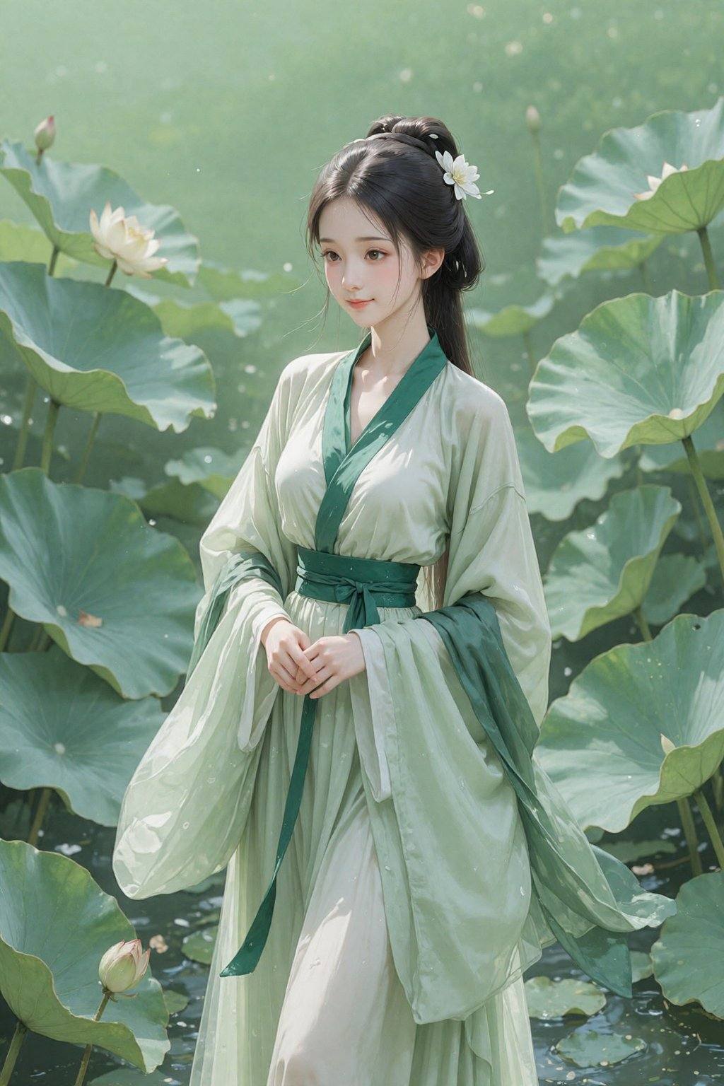 一幅宁静的亚洲少女肖像,  她置身于一片长满巨大睡莲的池塘之中。这位少女肤色白皙,  深色头发盘成传统的发髻 on Tensor.Art