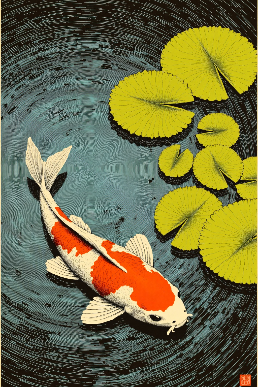 beijihui,A detailed painting of a goldfish swimming in a pond. The goldfish is facing the left side of the frame, its body facing towards the right. Its head is turned to the left, with its eyes facing the right side. Its body is white, with a red stripe running down its back. Its tail is a light orange, with white stripes on it's head. The background of the painting is a dark blue, with black swirls on it. To the right of the goldfish, there are green lily pads floating on the surface of the pond.