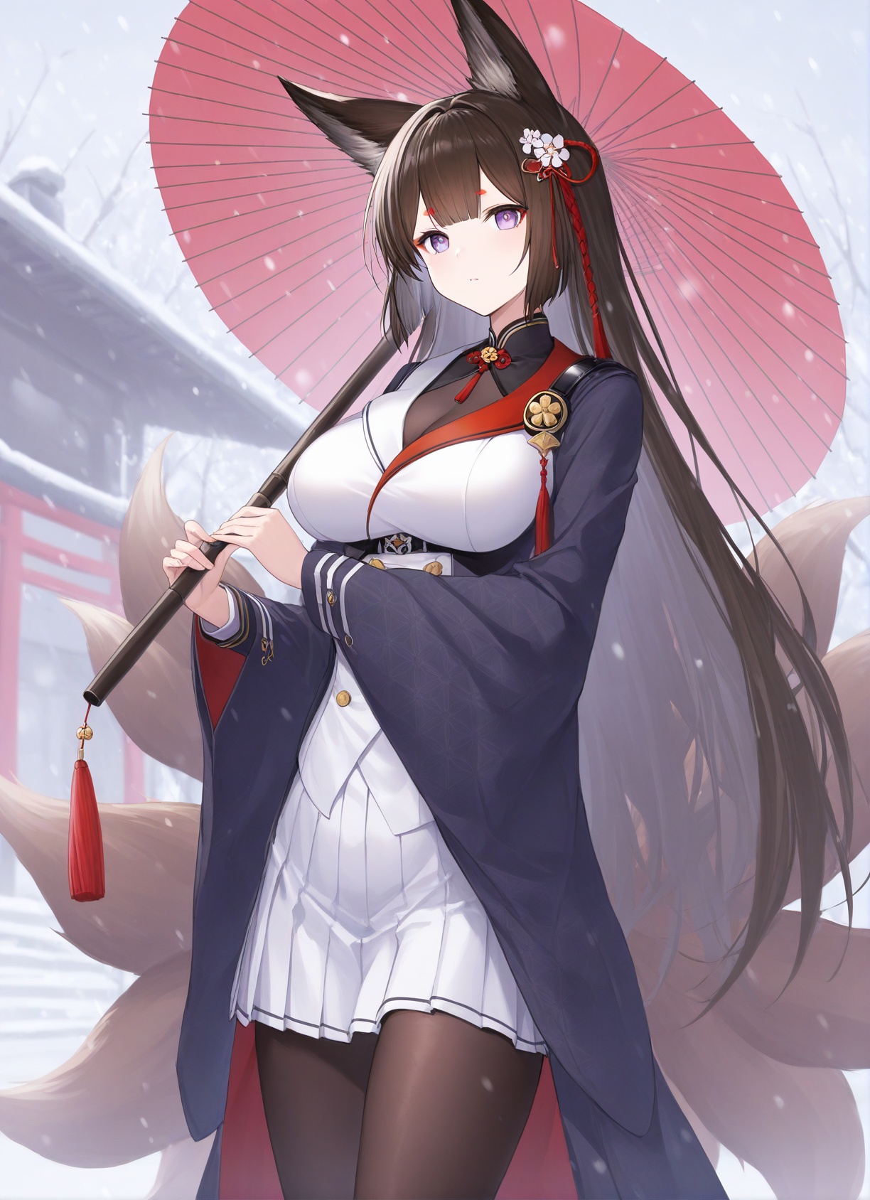 <lora:amagi_(cv)_Illustrious_v1.0:0.8>,amagi \(azur lane\), hair ornament,long hair,purple eyes,black hair, fox ears, multiple tails,large breasts, japanese clothes, pleated skirt,wide sleeves, pantyhose,holding oil-paper umbrella,outdoors, solo,, ,masterpiece, best quality,