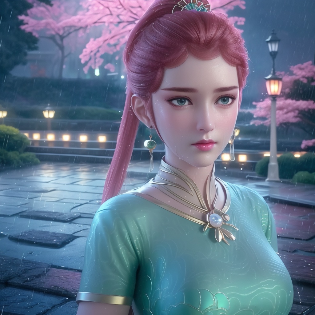 <lora:妖神记-龙羽音:0.8> (,1girl, ,best quality, ),looking at viewer, ,ultra detailed 8k cg, ultra detailed background,  ultra realistic 8k cg,          cinematic lighting, cinematic bloom, (( , )),,  , unreal, science fiction,  luxury, jewelry, diamond, pearl, gem, sapphire, ruby, emerald, intricate detail, delicate pattern, charming, alluring, seductive, erotic, enchanting, hair ornament, necklace, earrings, bracelet, armlet,halo,masterpiece, (( , )),,  ,cherry blossoms,(((, night,night sky,lamppost,  ultra high res, (photorealistic:1.4), raw photo, 1girl, , rain, sweat, ,wet, )))(( , ))   (cleavage), (),