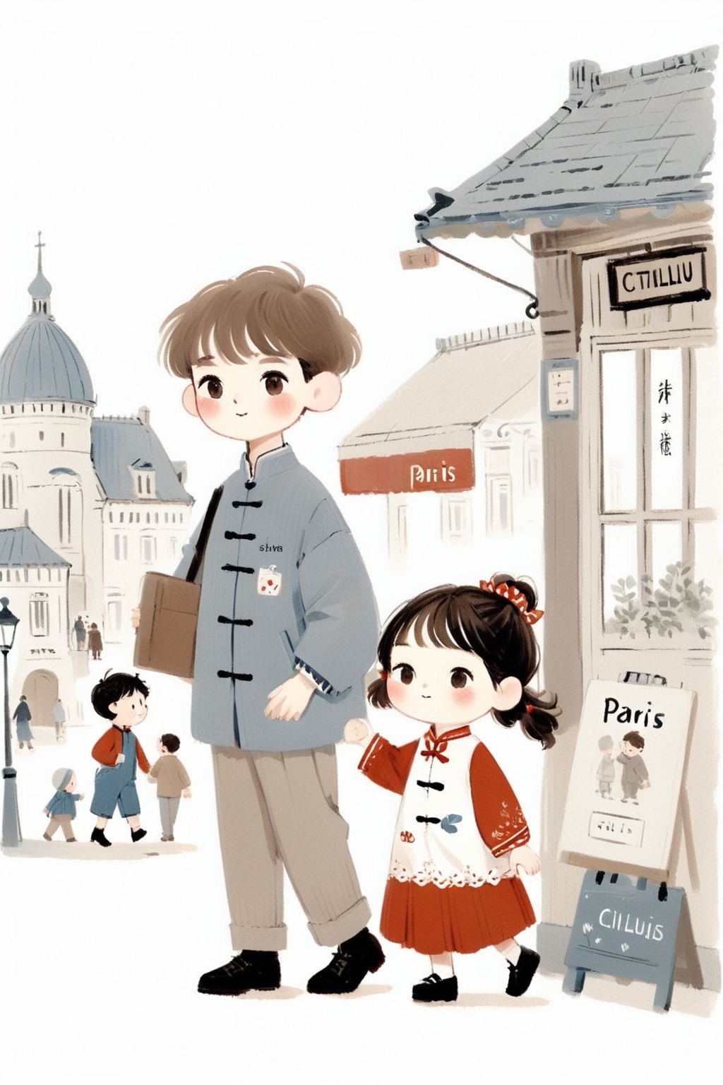 1girl,and 1boy,very cute,in Paris,white background,detailed,ctillu,<lora:IllustrationCute-0009:1.1>,, illustrated