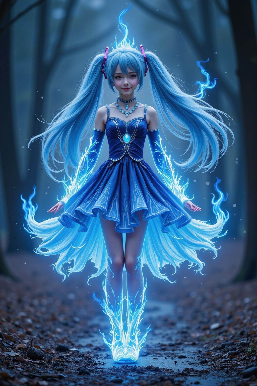 HDR photo of cinematic film still,young girl,hatsune miku,smile,full body,dress,skirt,composed of fire elements,fire element,girl made of blue flames,Fire Skin,surrounded by blue flames,outdoors,
