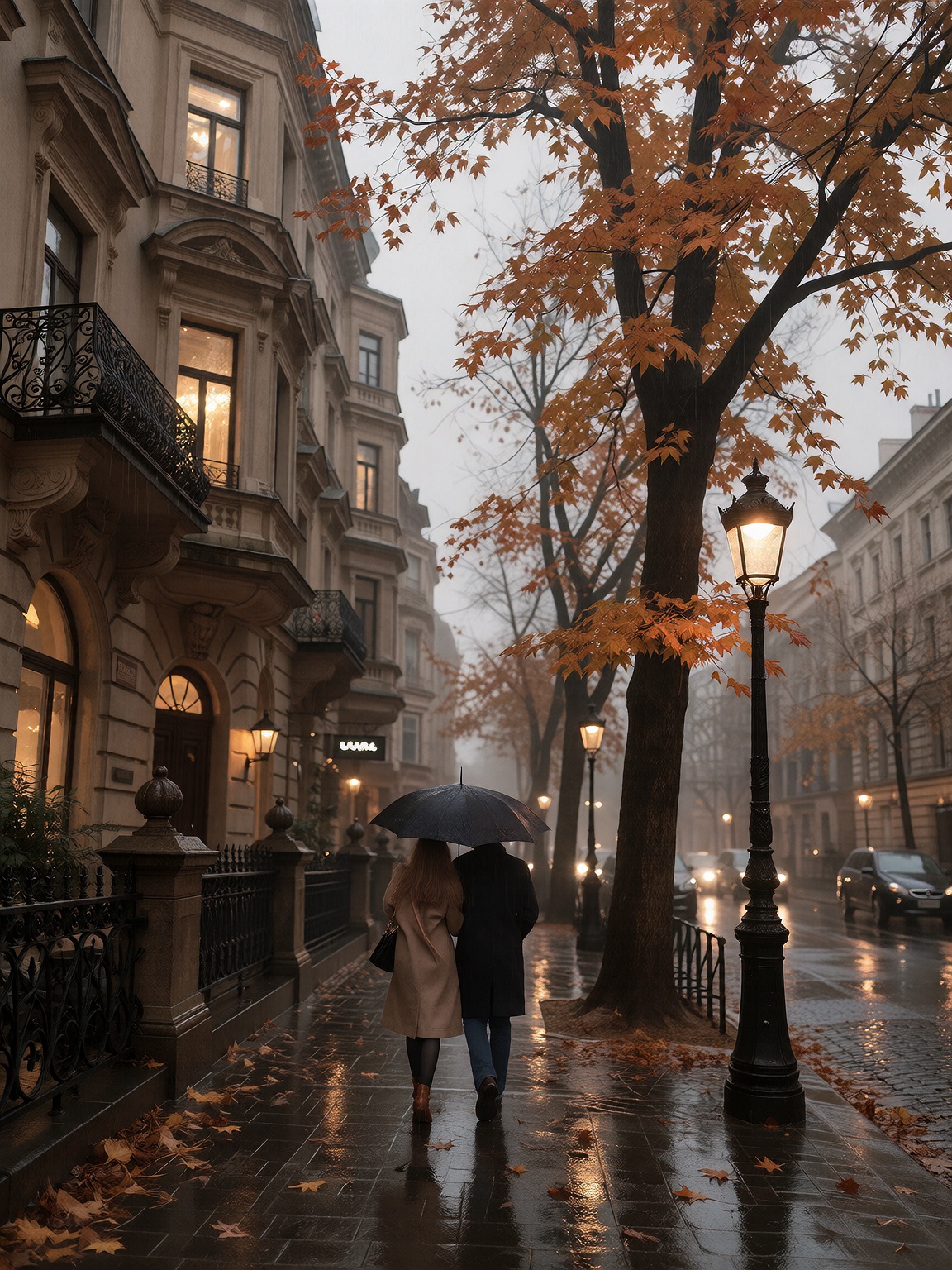 Bradhamel art style. A romantic autumn rain scene in a European city street,  featuring two people walking together under...