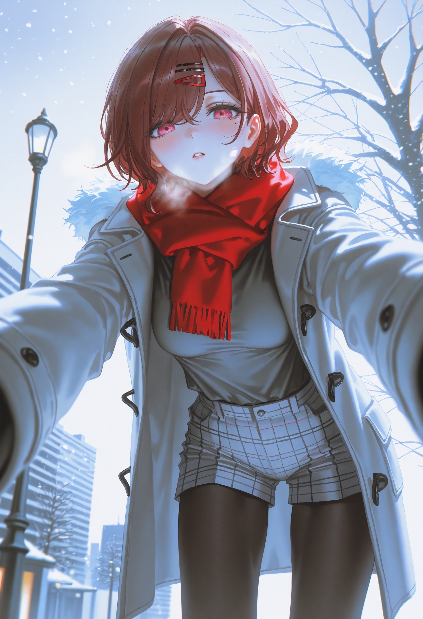 masterpiece,best quality,artist:john_kafka,artist:nixeu,artist:quasarcake,chromatic aberration,film grain,high contrast,color contrast,cold colors,gritty,graphite \\\\(medium\\\\),higuchi madoka,1girl,bare tree,black pantyhose,blurry,blush,breasts,breathing,brown hair,building,coat,depth of field,dot nose,from below,fur-trimmed coat,fur trim,grey coat,grey shirt,grey shorts,lamppost,leaning forward,long sleeves,looking at viewer,medium breasts,mole,mole under eye,nail polish,open clothes,open coat,outdoors,pantyhose,parted lips,plaid clothes,plaid shorts,reaching,reaching towards viewer,red eyes,red nails,red scarf,scarf,shirt,short hair,shorts,snowing,solo,