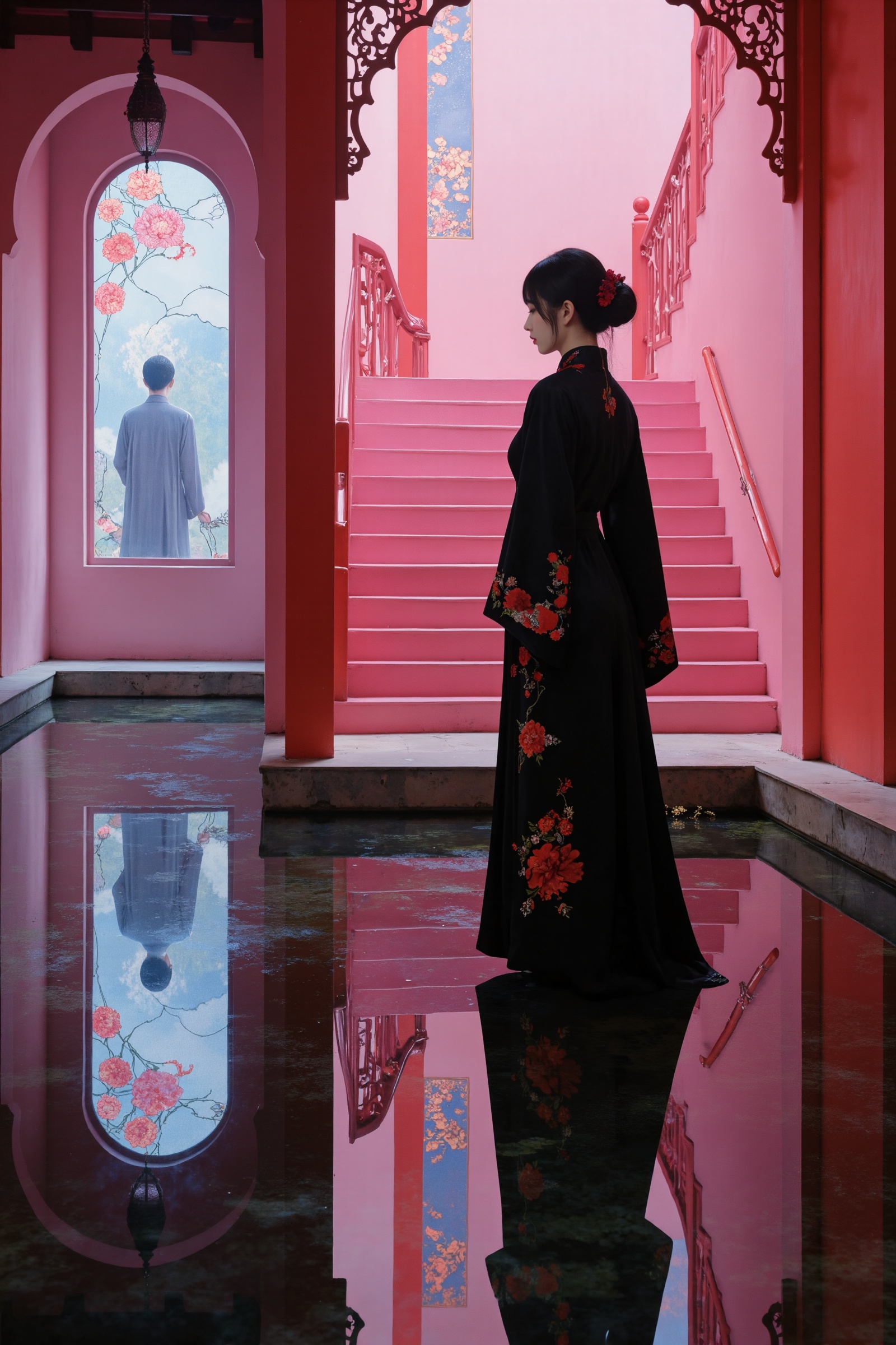 DFM,<lora:Fulan_dongfangmeng_Merjic_F.1:0.5>,Photography,Cinematic lighting, fine art photography,Dreamcore,Mysticism,fantasy and surrealism,psychic,Wong Kar-wai-style movie stills,Realistic scenes,A lady dressed in a black traditional Chinese costume with red floral details stands near a mirrored water-filled corridor that reflects her image and the bright pink staircase. In the background is a stained window with a figure standing, surrounded by pink and red walls, arched walkways, and intricate wooden ornaments. Combining traditional Chinese elements with a modern design, the image features a beautiful palette of reds, pinks, and blues,Depth of field, background blur,This artworkevokes themes often associated with East Asian culture combined with elements reminiscent of fantasy literature and film genres,8K Resolution,Perfect Detail,HD Detail,Ultra High Resolution,