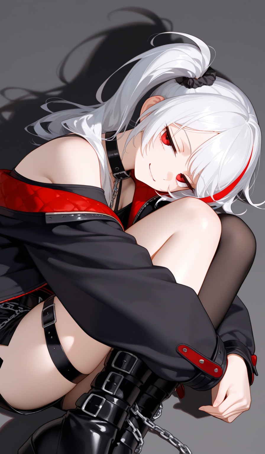 <lora:えーあい-Style:1>,(upper body:1.3),1girl,solo, red eyes,white hair,long hair,(swept bangs),red streaked hair,side ponytail, open jacket,off-shoulder shirt,bare shoulder,long sleeves,shorts,chain,side slit,boots,buckle,single thighhigh,black thighigh, upper body,looking at viewer,(jitome:1.2),tsurime,light smile,smirk,(lying:1.3),on side,hugging own legs, simple background,drop shadow,
