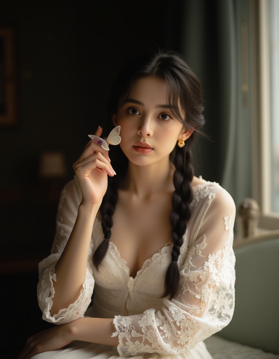 A woman with long,dark hair styled in two braids,wearing a white lace dress,holds a delicate,translucent butterfly close to her face. She is seated in a dimly lit room with soft,natural light streaming in,casting a gentle glow on her fair skin. Her expression is contemplative and serene. The background is blurred,focusing attention on the woman and the butterfly. The image is a high-resolution photograph with a soft,romantic aesthetic. The composition highlights the textures of the lace and the delicate nature of the butterfly,creating a dreamy,ethereal atmosphere.,