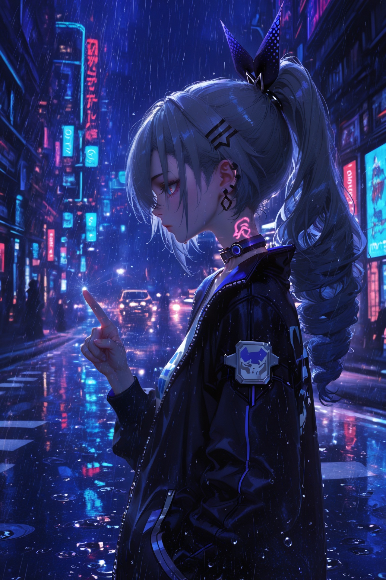 masterpiece,best quality,amazing quality,very aesthetic,absurdres,newest,highres,nixeu:0.5,yoneyama mai:0.5,1girl,solo,silver wolf \(honkai: star rail\),honkai \(series\),cyberpunk,street,night,darkness,metallic texture,from side,ray tracing,pointing to you,rain drops on the girl,strong color performance,oil painting style,