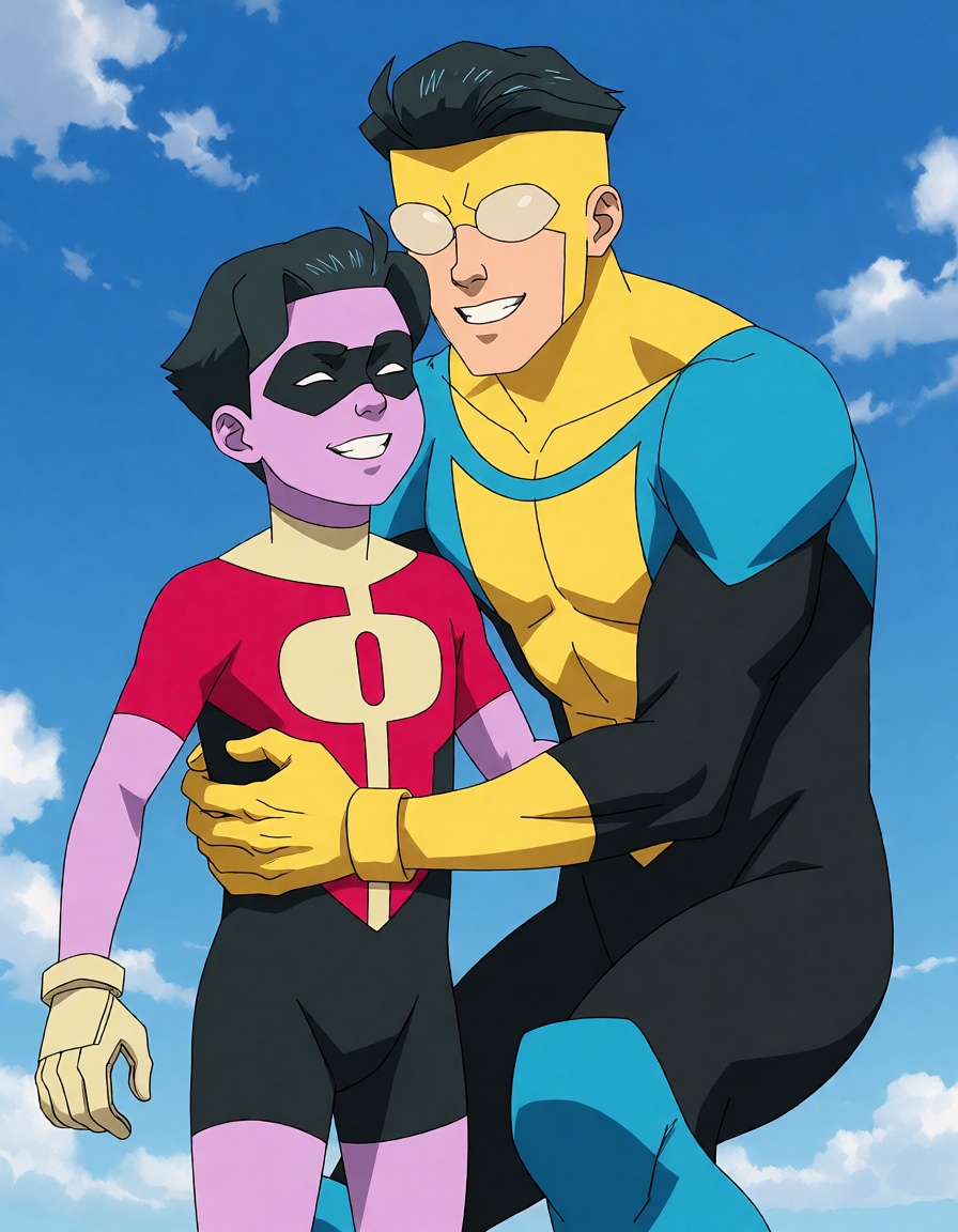 This digital anime-style drawing depicts 2 male superheroes. The one on the left is a young boy with purple skin and black...