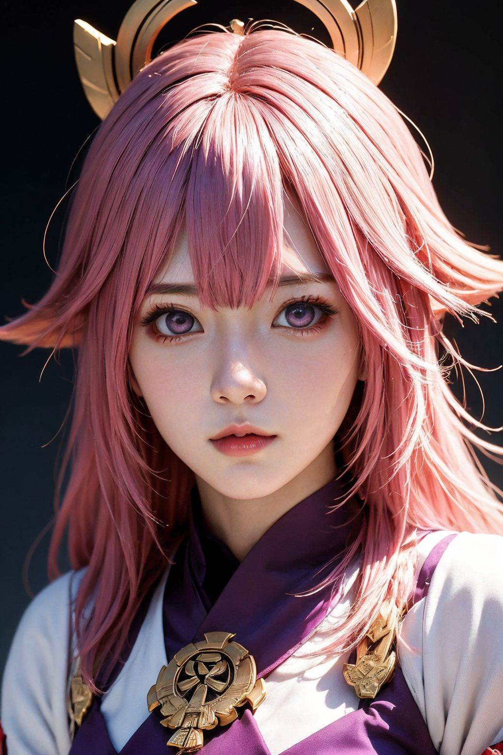 1girl, solo, yae miko \(genshin impact\), pink hair, purple eyes, breasts, looking at viewer, portrait,