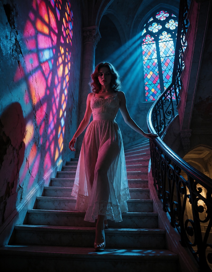 suspiria_style,  elegant woman descending a grand staircase inside a gothic dance school,  vivid magenta and cyan lights o...