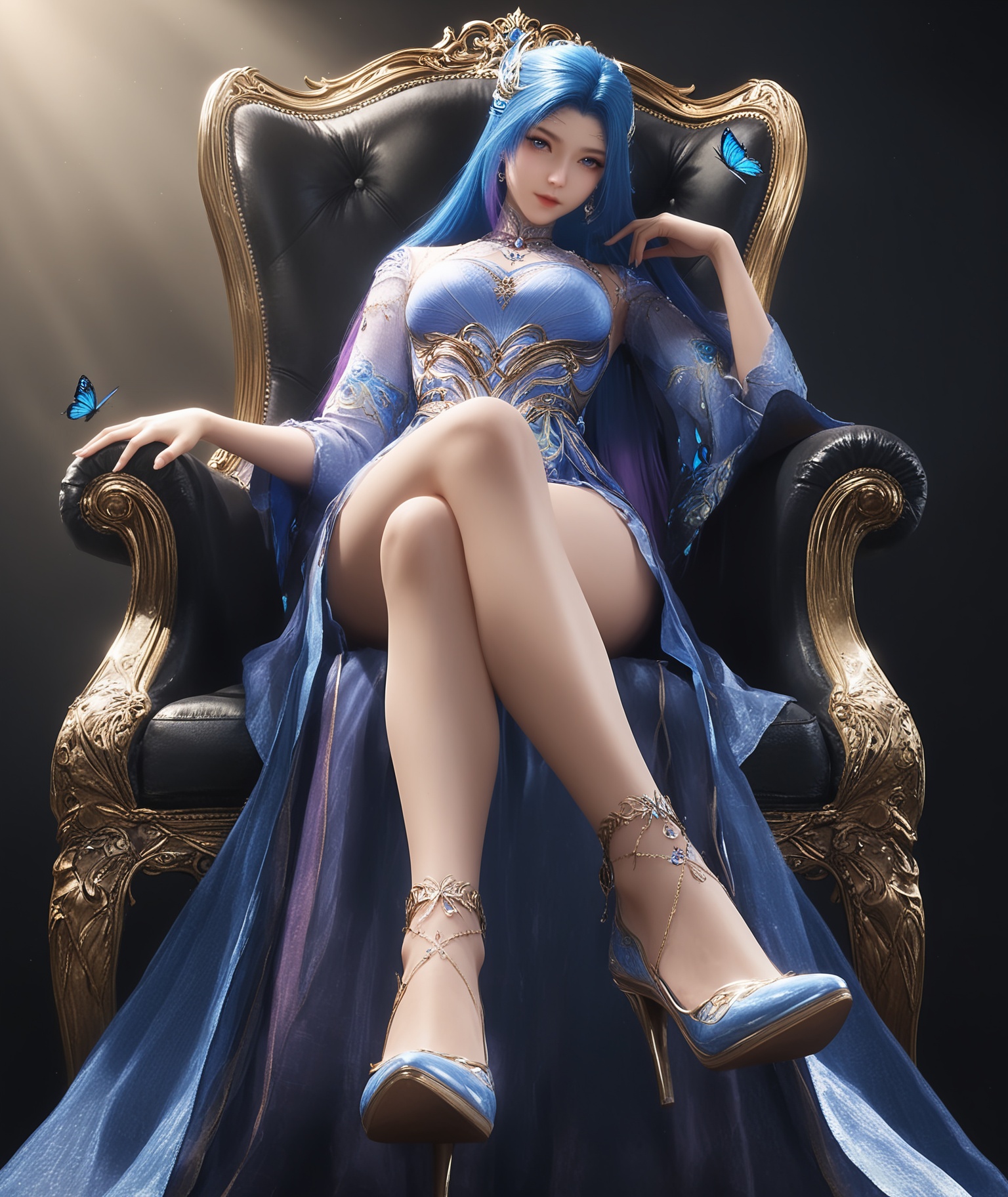 masterpiece,best quality,absurdres,highres,BREAK(glamor:1.1),slender,1girl,solo,<lora:唐舞桐-ill:0.83>,long hair,blue hair,hair ornament,gradient hair,jewelry,earrings,necklace,high collar,clothing cutout,dress,detached sleeves,anklet,high heels,butterfly,butterfly hair ornament,looking at viewer,front view,sitting,pov,from below,crossed legs,chair,(foot focus), BREAKsimple background,black background,rim light,Tyndall effect,Volumetric Lighting,Cinematic Lighting,realistic,depth of field, 