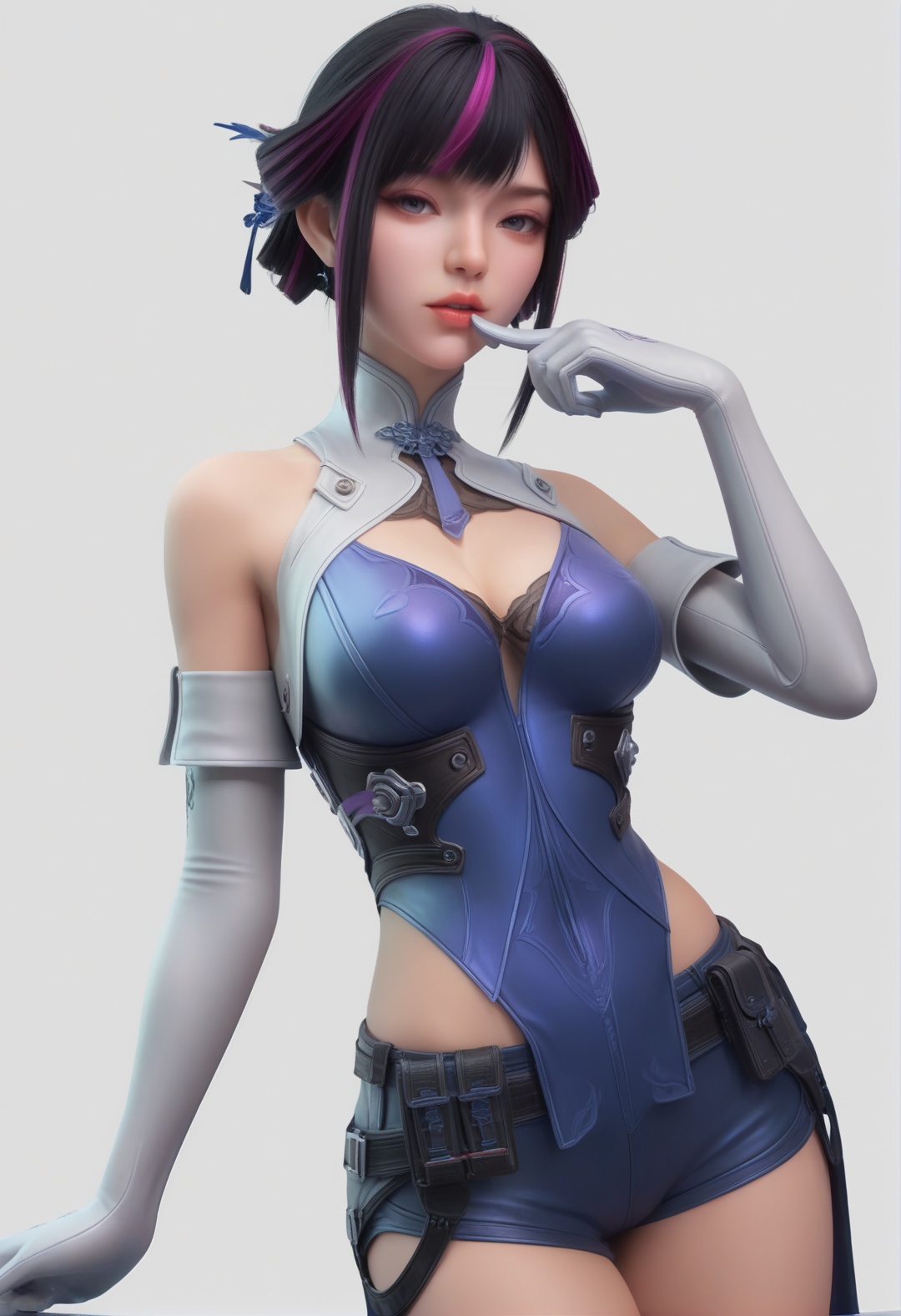 supermodel,score_8_up,score_7_up,hyperdetailed,hyperrealistic,volumetric lighting,focus on face,textured skin,eye lighting,SkinHairDetail,zPDXL,intricate and refined delicate details,unreal engine,very attractive,ultra high res,Expressiveh,realistic skin,score_9,score_8_up,score_9,score_8_up,1 girls,high cold face,yujie,breasts,jewelry,beautiful eyes,detailed eyes,best quality,<lora:cfm虹儿保卫:0.8>,bangs,bare shoulders,black hair,breasts,cfmhonger,chinese clothes,cleavage,cleavage cutout,elbow gloves,finger to mouth,gloves,looking at viewer,medium breasts,multicolored hair,parted lips,pink hair,purple hair,short hair,short shorts,simple background,streaked hair,white background,