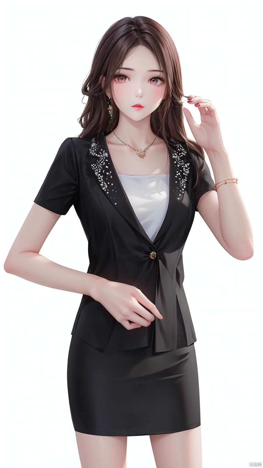 1girl, solo, long hair, looking at viewer, skirt, simple background, brown hair, black hair, white background, jewelry, short sleeves, cowboy shot, earrings, black skirt, necklace, bracelet, formal, pencil skirt, Pink lips——Clear hand contour,Hand intact,Five fingers of the hand are clear, loli, ((poakl))<lora:EMS-93-EMS:0.800000>, <lora:EMS-254762-EMS:0.500000>, <lora:EMS-346315-EMS:0.800000>