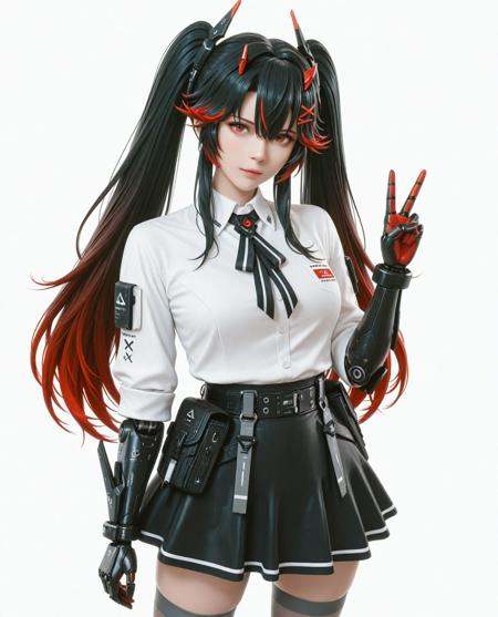 amazing realistic sakuga, game trailer, cowboy shot, looks at the viewer, mechanical arms,1girl,solo,lucia \(punishing: gray raven\),collared shirt,black hair,lucia: dawn \(gray feathers: dawn\) \(punishing: gray raven\),official alternate costume,gradient hair,shirt,sidelocks,black skirt,v,punishing: gray raven,white shirt,long hair,hair ornament,hair between eyes,red hair,grey thighhighs,parted bangs,streaked hair,x hair ornament,multicolored hair,red eyes,white background,highres,skirt,twintails,thighhighs,gou bao, caustic light, 3d by nyl2, realistic shiny skin, glistering fuzzy fur.