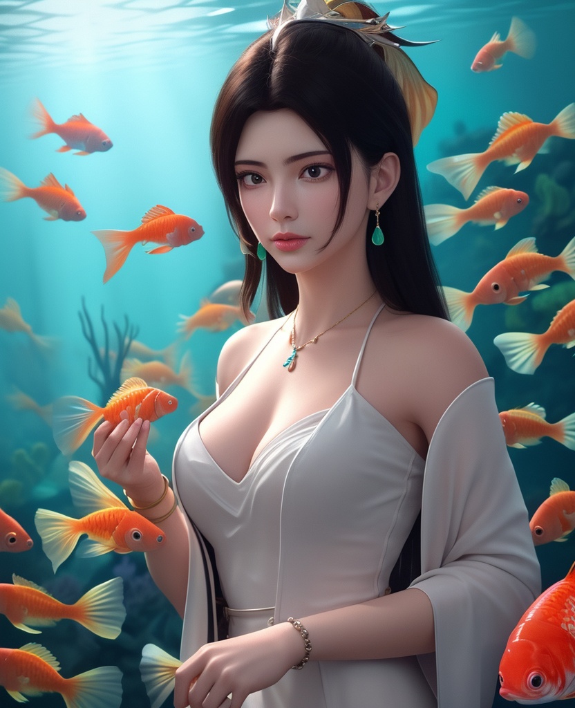 <lora:584-DA-星辰变-白灵:0.8>(,1girl, ,best quality, ),looking at viewer,masterpiece, ((((, solo,  goldfish, ,solo focus, ,underwater, )))) ,ultra realistic 8k cg,   clean, masterpiece,     cinematic lighting, cinematic bloom,  (( , )),, , unreal, science fiction, luxury, jewelry, diamond, gold, pearl, gem, sapphire, ruby, emerald, intricate detail, delicate pattern, charming, alluring, seductive, erotic, enchanting, hair ornament, necklace, earrings, bracelet, armlet,,(cleavage),