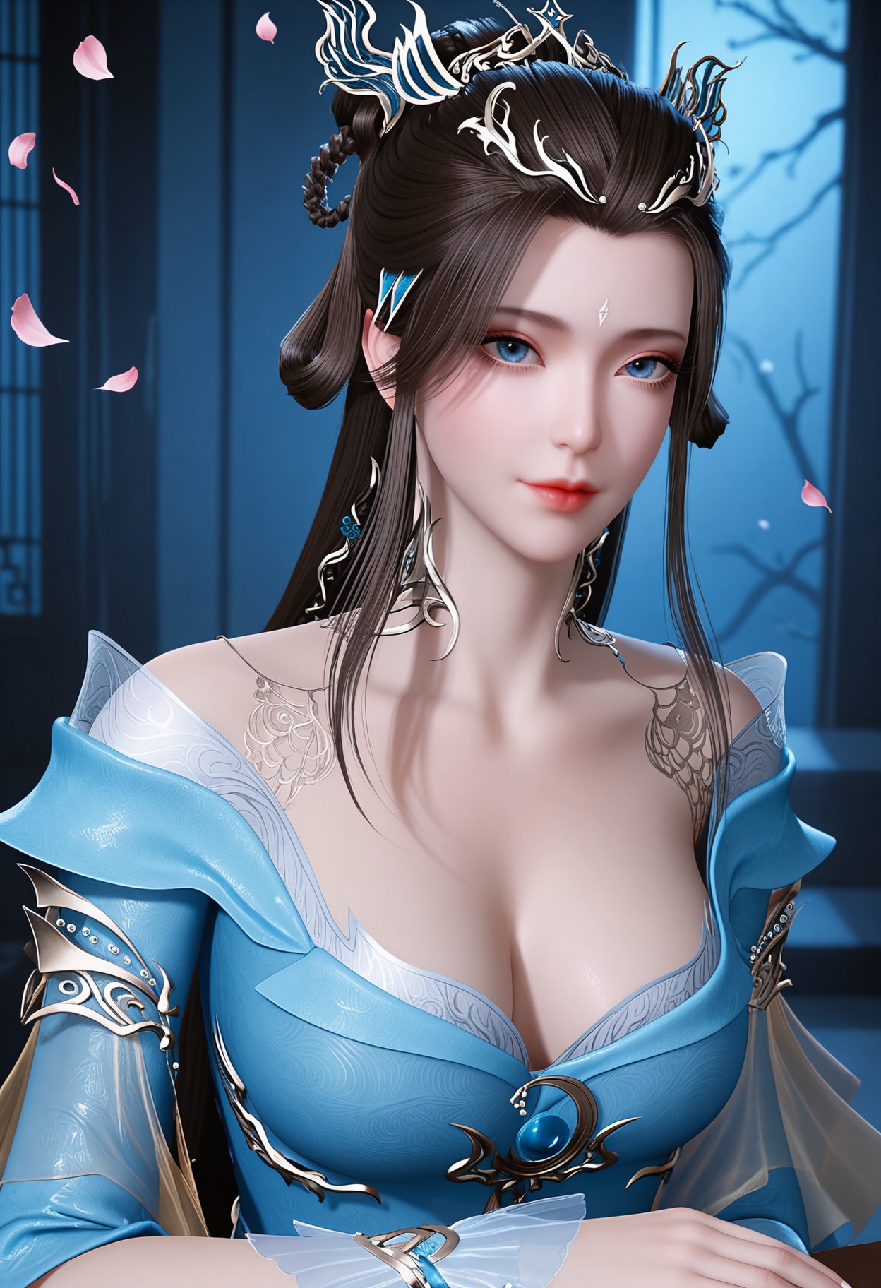 (upper_body:1.2),(gigantic breasts:0.7),(looking at viewer:1.1),facing viewer,direct gaze,(masterpiece:1.1),(best quality:1.2),(intricate details),(smog:1.3),(Dark room:1.3),(dim lighting:1.3),peach blossom,falling petals,<lora:YQ_Illustrious光辉v5_侯烟岚_V1:0.8>,1girl,q1528437228,solo,long hair,hair ornament,dress,black hair,jewelry,blue eyes,hair rings,hair bun,earrings,forehead mark,brown hair,bracelet,masterpiece,(best quality),(intricate details:0.9) BREAK (intricate details:0.9),(realistic skin:1.2),masterpiece,best quality,newest,absurdres,hiahres,