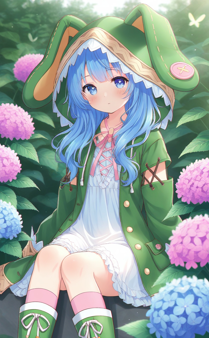 masterpiece,absurdres,best quality,high quality,chromatic_aberration,//,1girl,solo,looking at viewer,bug,portrait,blush,blurry,plant,pink flower,blurry background,hydrangea,leaf,blurry foreground,//,<lora:yoshino:1>,normal yoshino,1girl,solo,blue eyes,blue hair,long hair,green footwear,animal hood,hood,dress,boots,white dress,looking at viewer,coat,pink socks