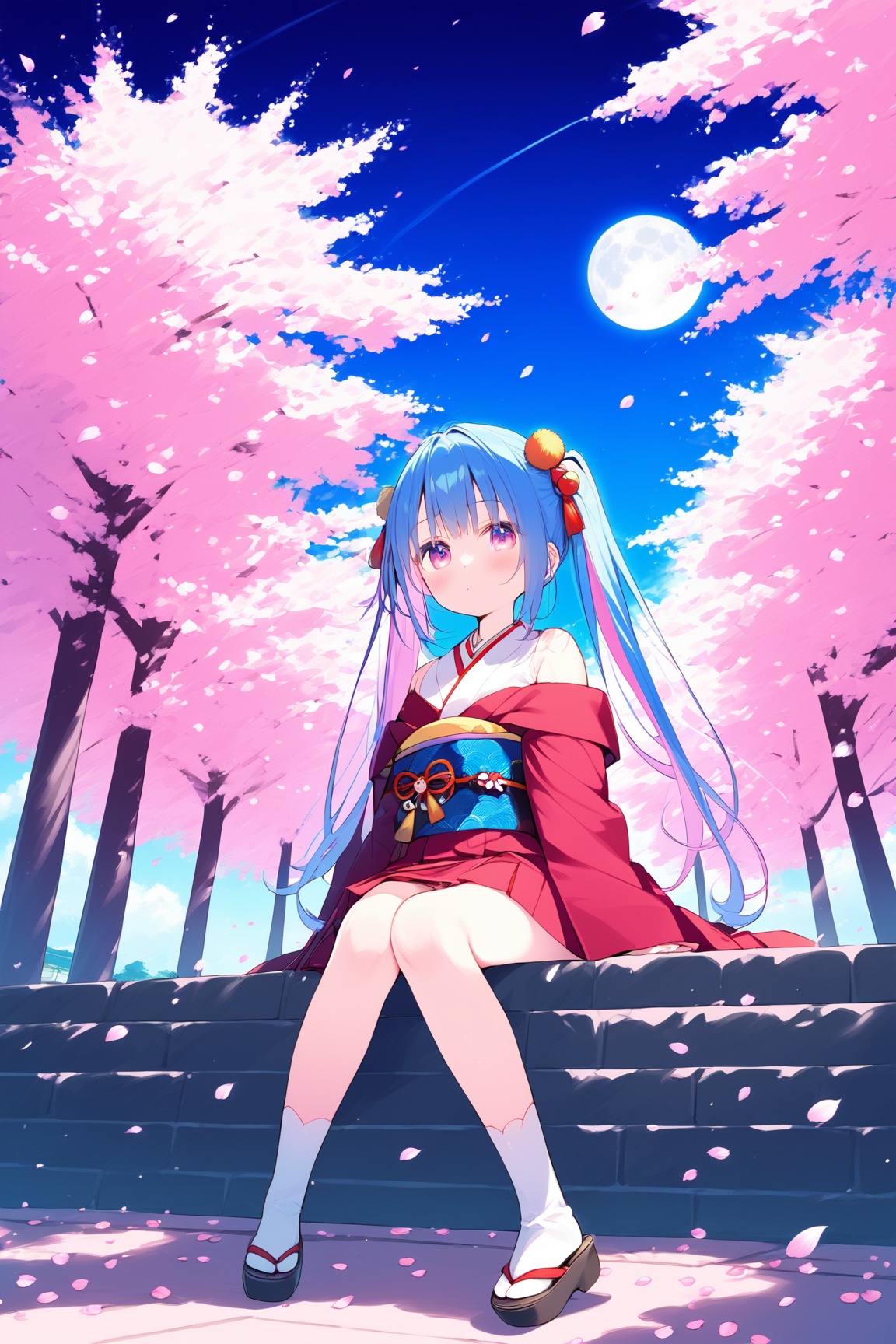 (masterpiece),(best quality),anime,one girl,colorful hair,pink hair and blue hair,twin tails,pink eyes,color,Kyoto,Cherry tree,petal,moon,kimono,off shoulder,sitting,alone,