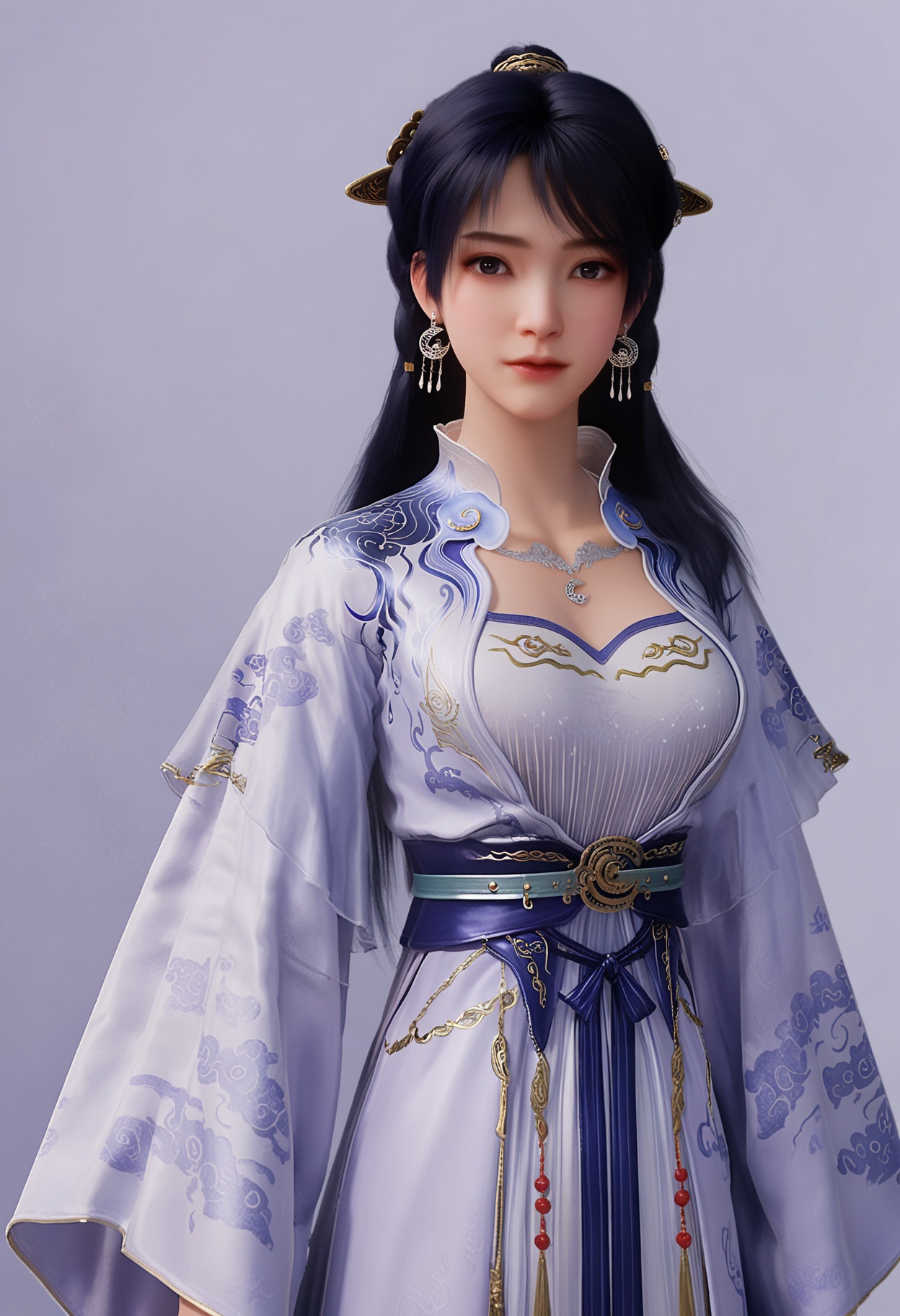 score_9,1girl,solo,breasts,jewelry,dress,earrings,black hair,realistic,long hair,white dress,long sleeves,sash,simple background,black eyes,hair ornament,chinese clothes,looking_at_viewer,upper body,thighs,<lora:QQSponyjiziyueV2:0.8>,<lora:Pony_DetailV2.0:0.8>,<lora:皮肤凹痕:0.1>,