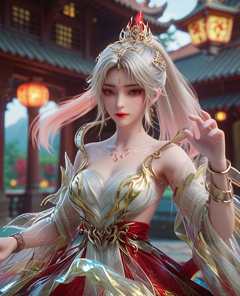 (oriental architecture, elegant decor, sophisticated style:1.1),reaching,(breasts:1.2),<lora:XL完美世界剧版火灵儿浴火妆:0.95>,a silver haired girl,solo,red backless dress,silver gradient pink ponytail,collar,see-through shawl,earrings,forehead mark,see-through trim,clavicle tattoo,jewelry,hair ornament,, zPDXL2, score_9, score_8_up, score_7_up BREAK realistic, masterpiece,best quality, highly detailed,, zPDXL3, zPDXL2,zPDXL, zPDXLxxx, zPDXLrl,