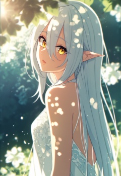(best quality), ((masterpiece)), (highres), illustration, original, extremely detailed,  <lora:好き物语:0.7>1girl, pointy ears, solo, long hair, yellow eyes, looking at viewer, dress, hair between eyes, white dress, bare shoulders, parted lips, upper body, dappled sunlight, blurry, flower, slit pupils, elf