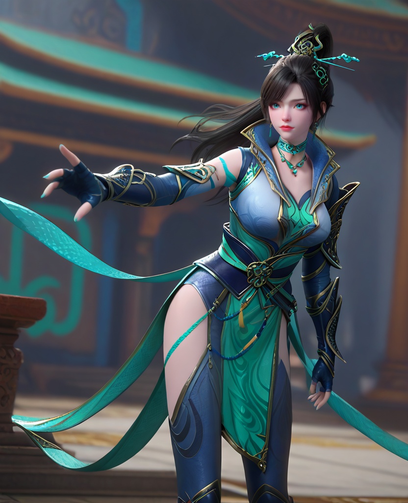 (oriental architecture, elegant decor, sophisticated style:1.1),(Reaching out with one hand,:1.1),looking at viewer,(breasts:1.2),<lora:XL16斗破苍穹青鳞:0.95>,miss qinglin,blue gray jacket,cyan camisole,blue eyes,black hair,super long ponytail,hair ornament,earrings,jewelry,choker,spiral sigil,fingerless gloves,sash,blue gray cutout legging,black boots,cyan fart curtain,cyan pelvic curtain,, score_9,score_8_up,score_7_up,score_6_up,score_5_up,score_4_up,3d rendering,tag1,tag2, Cinematic Lighting,backlighting,, zPDXL3, zPDXL2,zPDXL, zPDXLxxx, zPDXLrl,