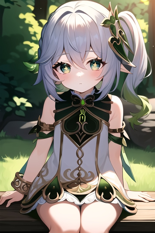 (masterpiece, best quality:1.2),insanely detailed,absurdres,ultra-highres,ultra-detailed,best quality,slender,kawaii,perfect symmetrical face,ultra cute girl,ultra cute face,ultra detailed eyes,ultra cute,ultra beautifu,nahida \(genshin impact\),1girl,solo,loli,white dress,bare shoulders,side ponytail,hair ornament,jewelry,bracelet,detached sleeves,sleeveless dress,bloomers,bare legs,toeless legwear,short socks,<lora:nahidaV2-000008:1>,+_+,symbol-shaped pupils,sitting,outdoors,