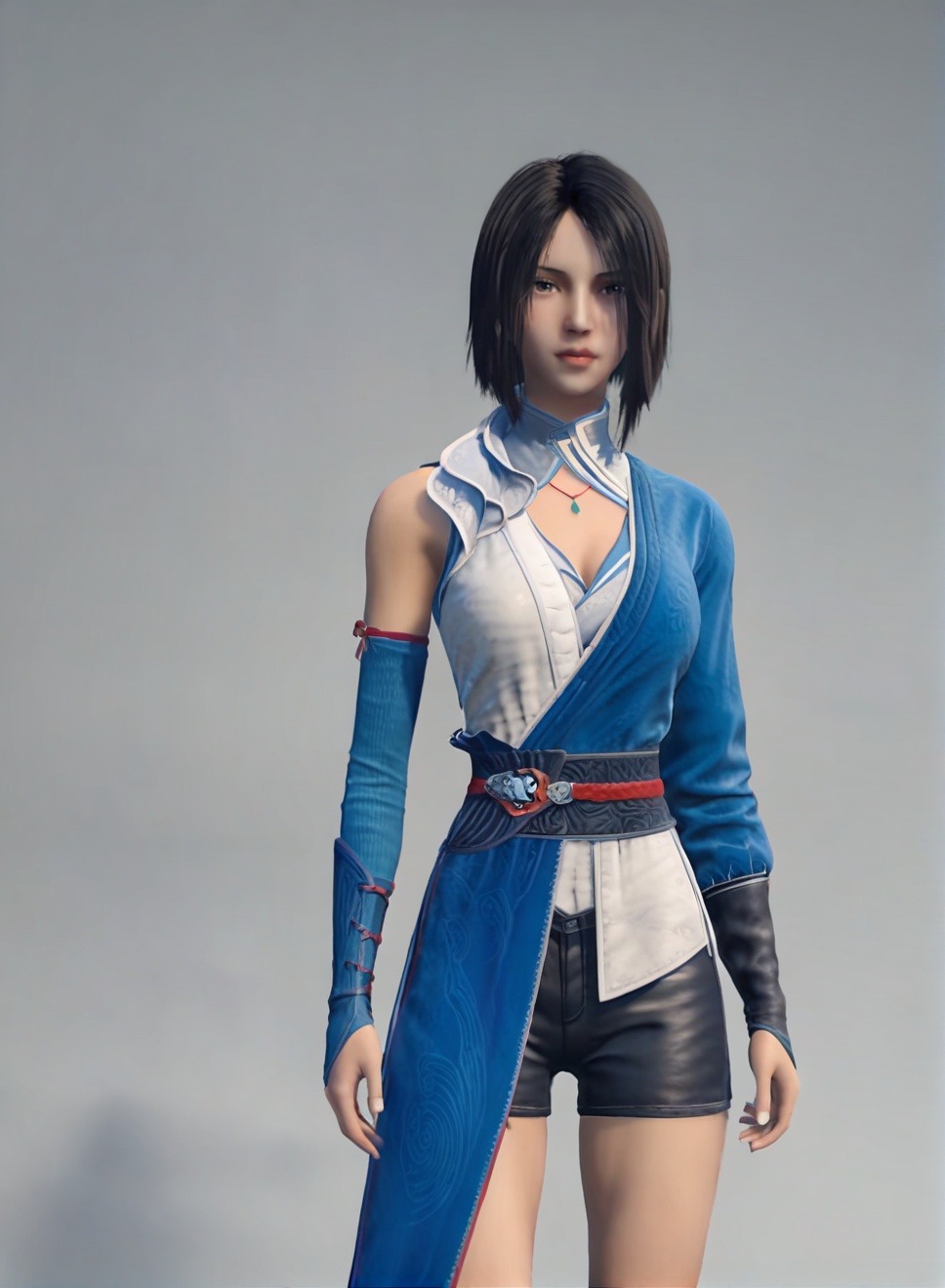 fair_skin,white_skin,Ivory_skin,score_9,<lora:SF_JiRuXue_Pony_Realism-000004:0.72>,blue dress,black hair,detached sleeves,1girl,breasts,standing,large breasts,black shorts,solo,looking at viewer,simple background,