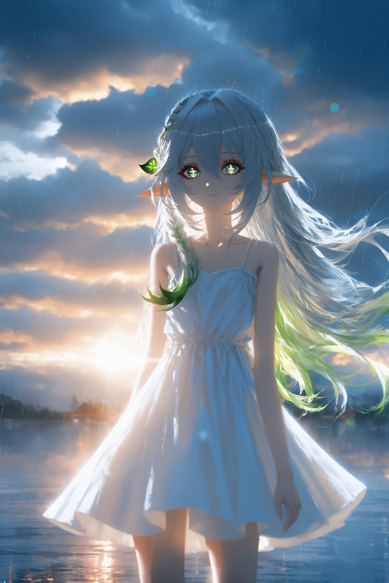 masterpiece,best quality,amazing quality,very aesthetic,absurdres,newest,highres,1girl,solo,long hair,looking at viewer,bangs,hair ornament,dress,hair between eyes,bare shoulders,green eyes,collarbone,braid,grey hair,sidelocks,multicolored hair,outdoors,green hair,sky,alternate costume,pointy ears,cloud,white dress,blurry,symbol-shaped pupils,gradient hair,alternate hairstyle,cloudy sky,rain,hair down,nahida \(genshin impact\),backlighting,blue and white theme,depth of field,cinematic lighting,light particles,lens flare,(artist:quasarcake:0.8),extreme aesthetic,(wlop:0.6),aesthetic,Emotionalization,temperate atmosphere,in the style of fashion photography,(Visual impact:1.2),giving the poster a dynamic and visually striking appearance,impactful picture,colorful,splash of color,movie perspective,