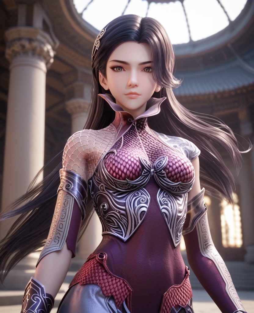 (oriental architecture, elegant decor, sophisticated style:1.1),(feminine pose:1.1),(breasts:1.2), <lora:XL16秦时明月惊鲵:0.95> miss jingni, corset dress with purple topwear and silver skirt, brown eyes, black hair, long hair, detached sleeves, barrettes, black leather left shoulder cut and mesh fabric on right shoulder, side slit, fishnet pantyhose, score_9,score_8_up,score_7_up,score_6_up,score_5_up,score_4_up,3d rendering,tag1,tag2, Cinematic Lighting,backlighting,