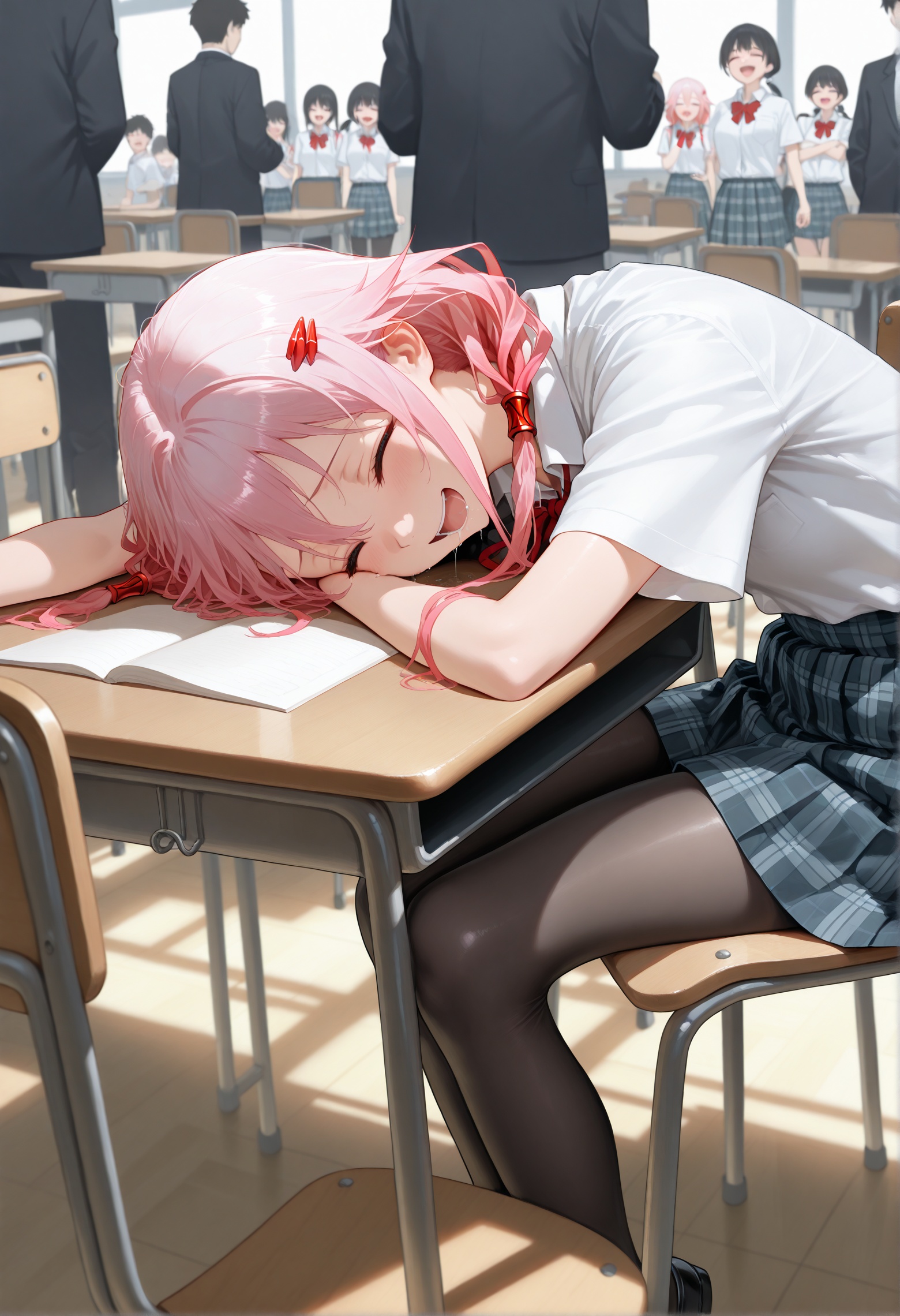 masterpiece,best quality,amazing quality,very aesthetic,absurdres,newest,Yuzuriha Inori,1girl,classroom,lying on the table,head tilted,school uniform,plaid skirt,black_pantyhose,sit on a chair,face on the table,eyes closed,saliva flowing on the table,crowds,laughing,