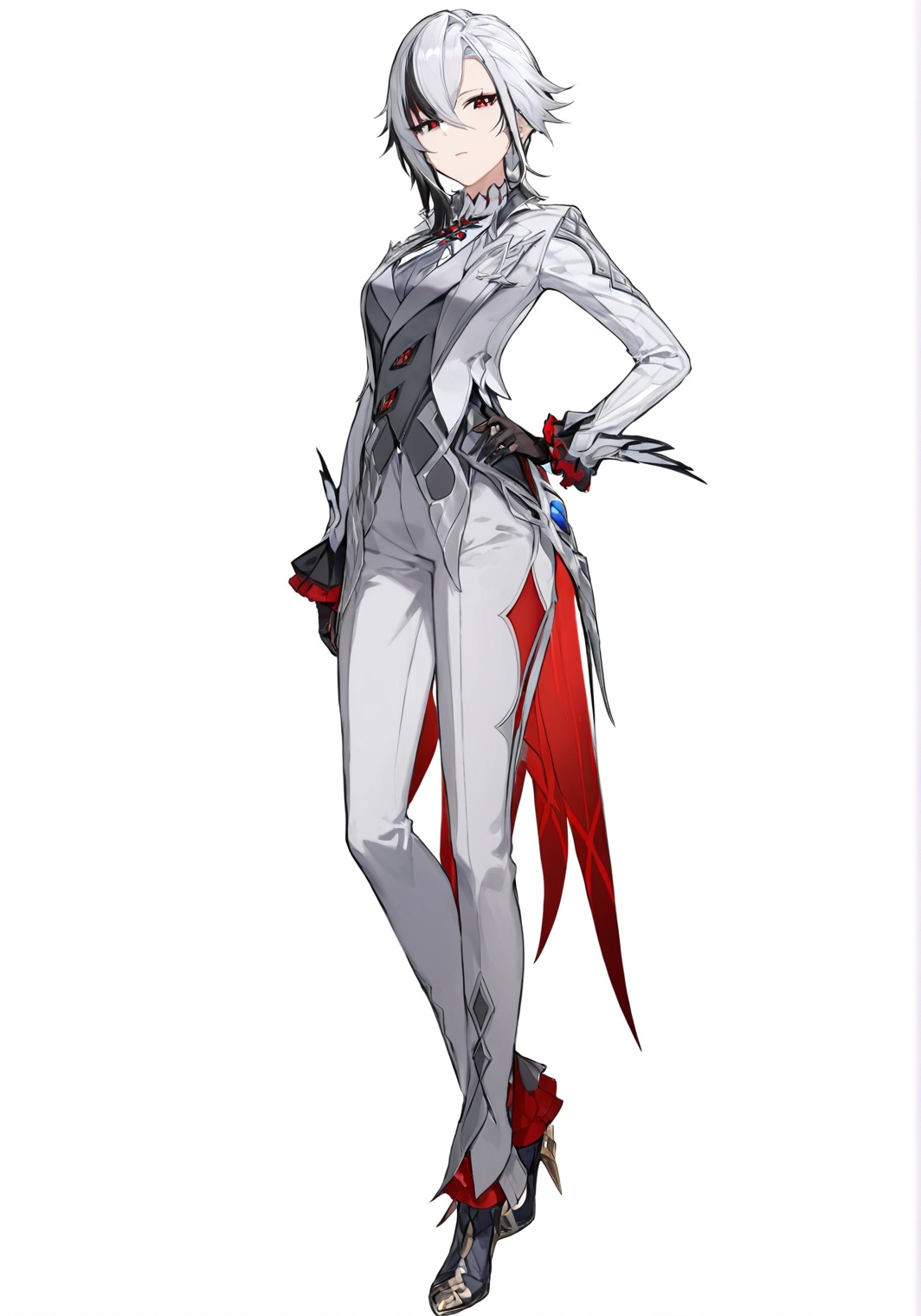 score_9, score_8_up, score_7_up, score_6_up, 8k, 8k, best quality, masterpiece, (ultra-detailed), (high detailed skin), white background, simple background, (full body), (white background), standing, looking at viewer, (solo), hand on hip, <lora:Arlecchino-kohaku-Tanger-000010:0.8>, Arlecchino, def clothes, 1girl, x-shaped pupils, red pupils, black gloves, pants, symbol-shaped pupils, multicolored hair, black hair, white hair, beautiful_face, intricate_detail, clear face, finely_detailed, fine_fabric_emphasis, full_shot, 