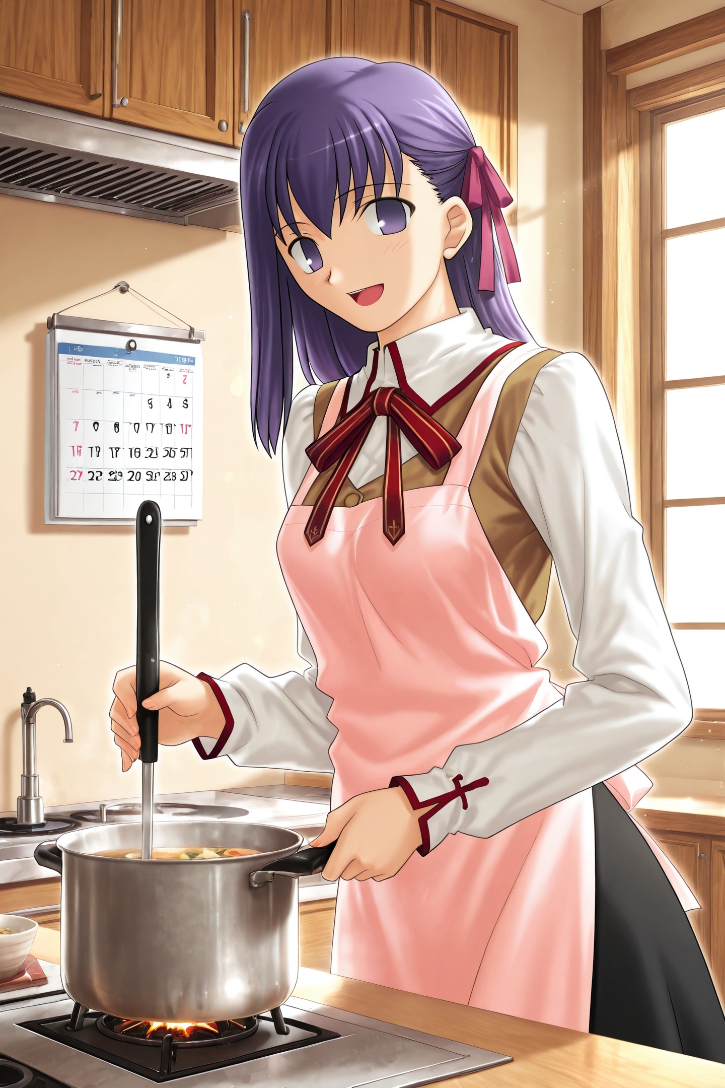 Fate stay night Style,1girl,matou sakura,solo,purple eyes,purple hair,kitchen,long hair,ribbon,apron,indoors,dutch angle,hair ribbon,ladle,long sleeves,stove,cooking,skirt,pink apron,homurahara academy school uniform,looking at viewer,black skirt,school uniform,window,cooking pot,sink,red ribbon,calendar \(object\),smile,open mouth,soup ladle,<lora:Fate stay night_illustriousXL:1>,