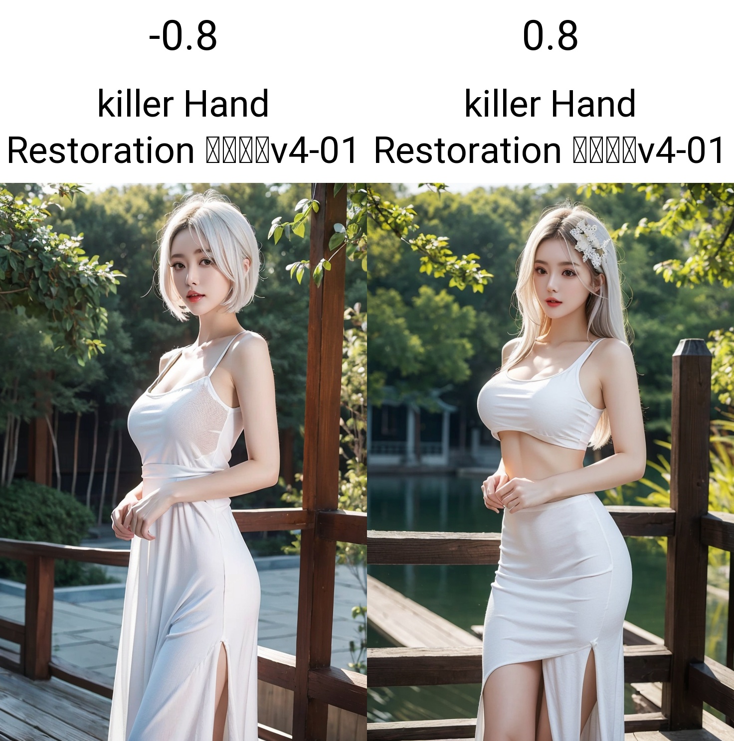 (masterpiece, best quality:1.4),finely detailed,1girl,solo,perfect body,standing,outdoors,large breasts,yoga wear,white hair,china_dress,(cowboy_shot:1.2),<lora:killer Hand Restoration 手部修复v4-01:-0.8>,