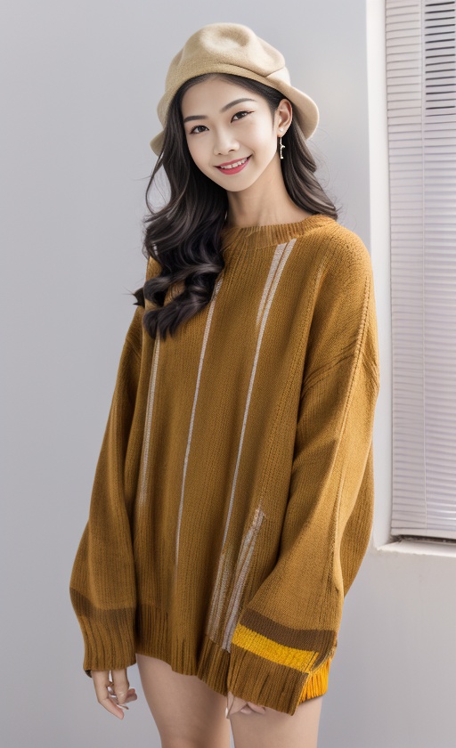 and, black_hair, breasts, brown, chin, concerned, hand, hat, her, jewelry, long_hair, medium, solo, standing, smile,looking at the viewer, woman, yellow, <lora:SD1.5_Xixi_V1.0:0.8>