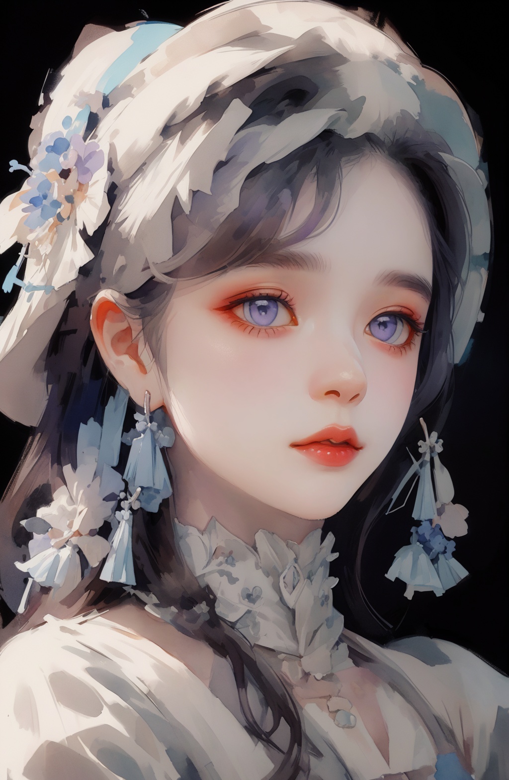 a Minority girl,minority makeup,Delicate white purple and blue headdress,in the style of mystical portraits,busts,black backgrounds,rich colors,character design,ethnic art,watercolor,ink style,masterpiece,best quality,<lora:Victoria_维多利亚:1>,