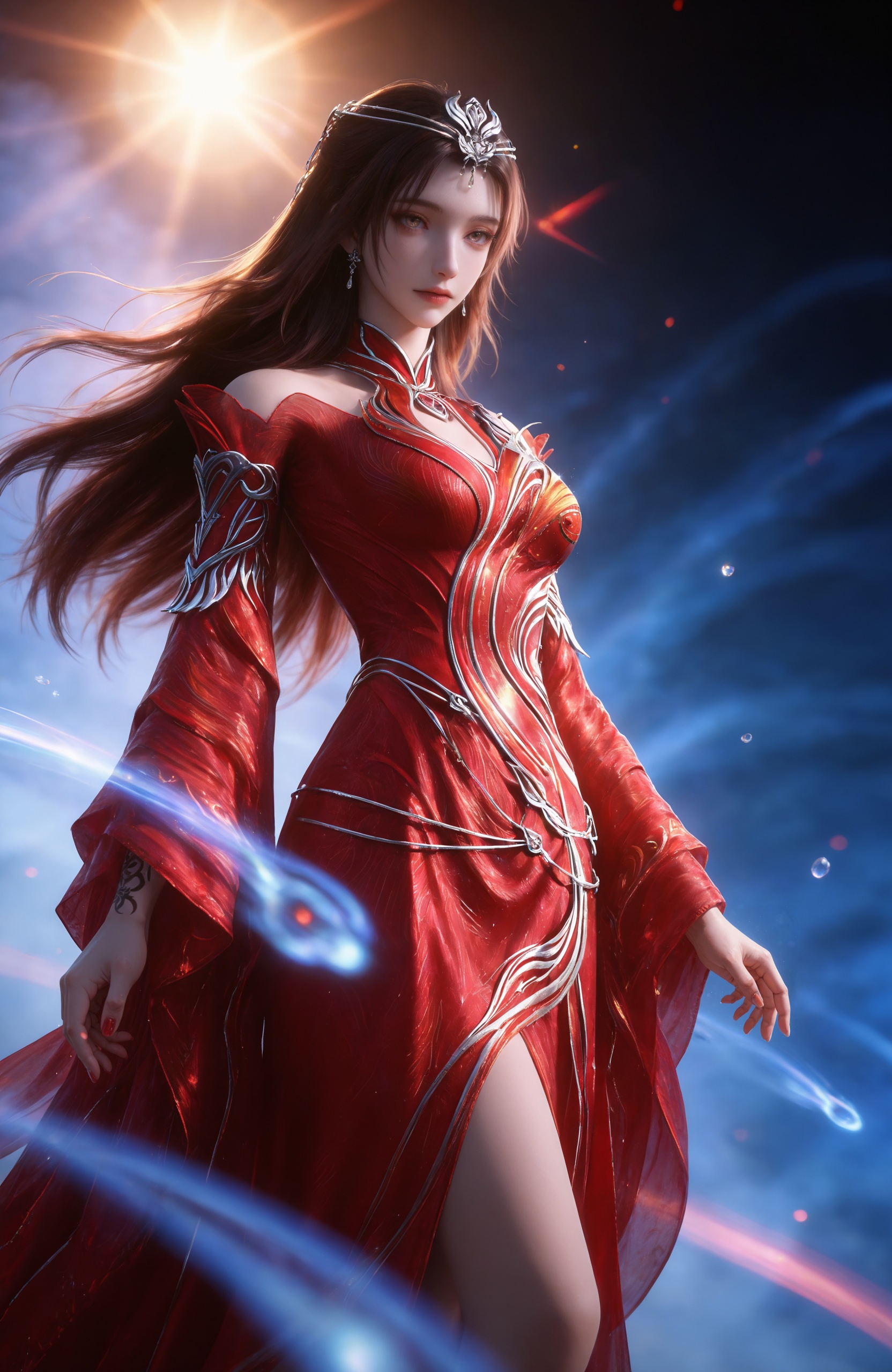 <lora:神墓3-灵尸雨馨IL:0.7> 1girl,  long hair, brown hair, hair ornament, dress,  jewelry, bare shoulders, earrings, detached sleeves, clothing cutout, bare legs,  red nail polish,red dress, tiara, arm tattoo,toes,barefoot,, realistic style photo,outstanding style,Use soft lighting to cast gentle shadows on the subject,adding a touch of dimension to your images without compromising details,whirls of vapor,(Anime:1.1),soft neon light,ethereal ambiance,delicate details,magical atmosphere,concept art,highly detailed,ultra-high resolution,32K UHD,sharp focus,best-quality,masterpiece,golden hour,unconventional supreme masterpiece,masterful details,temperate atmosphere,with a high-end texture,in the style of fashion photography,magazine style,Dynamic Angle,Dynamic posture,magazine style,Dynamic Angle,Dynamic posture,(cowboy_shot:1.2),eye trail,depth of field,cinematic lighting,lens flare,close-up,extreme aesthetic,(wlop:0.6),(honjou raita,lack,rella,wanke:0.5),masterpiece,best quality,good quality,newest,year 2025,very aesthetic,absurdres,Visual impact,A shot with tension,ultra-high resolution,32K UHD,sharp focus,best-quality,masterpiece,Emotionalization,unconventional supreme masterpiece,masterful details,temperate atmosphere,with a high-end texture,in the style of fashion photography,(Visual impact:1.2),giving the poster a dynamic and visually striking appearance,, solo,upper body,looking at viewer,gradient background,gradient,blue background,black background,