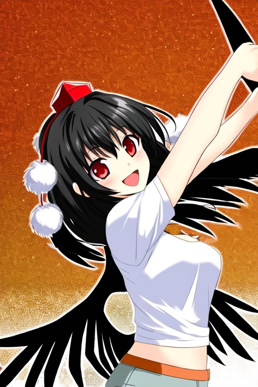 shameimaru aya,1girl,hat,solo,wings,red eyes,black hair,smile,open mouth,<lora:aya5:1>,pom pom \(clothes\),(casual:1.3),