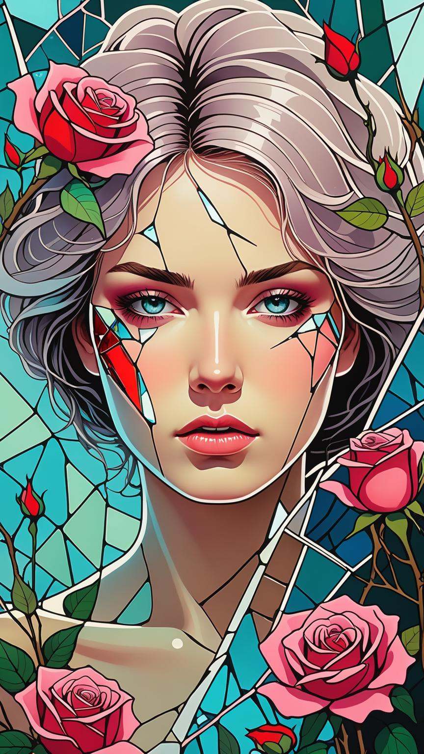 abstract style Compose a deeply emotional and visually stunning image featuring a young Norwegian woman, face as cracked broken glass, natural skin, in the Garden of Eden, with delicate multicolored roses, incorporate abstract art elements conveying a broken glass effect, conveying shattered memories and a tinted background with vivid shades to enhance the emotional impact, include rose thorns dripping with blood, adding to the overall beauty and evocative nature of the piece, hyper-detailed and intricate elements, The dramatic atmosphere enhances the overall high-quality and detailed nature of this stunning piece of artwork, style of Josan Gonzalez, (vaporwave aesthetic), colors and shapes, expression of feelings, imaginative, highly detailed