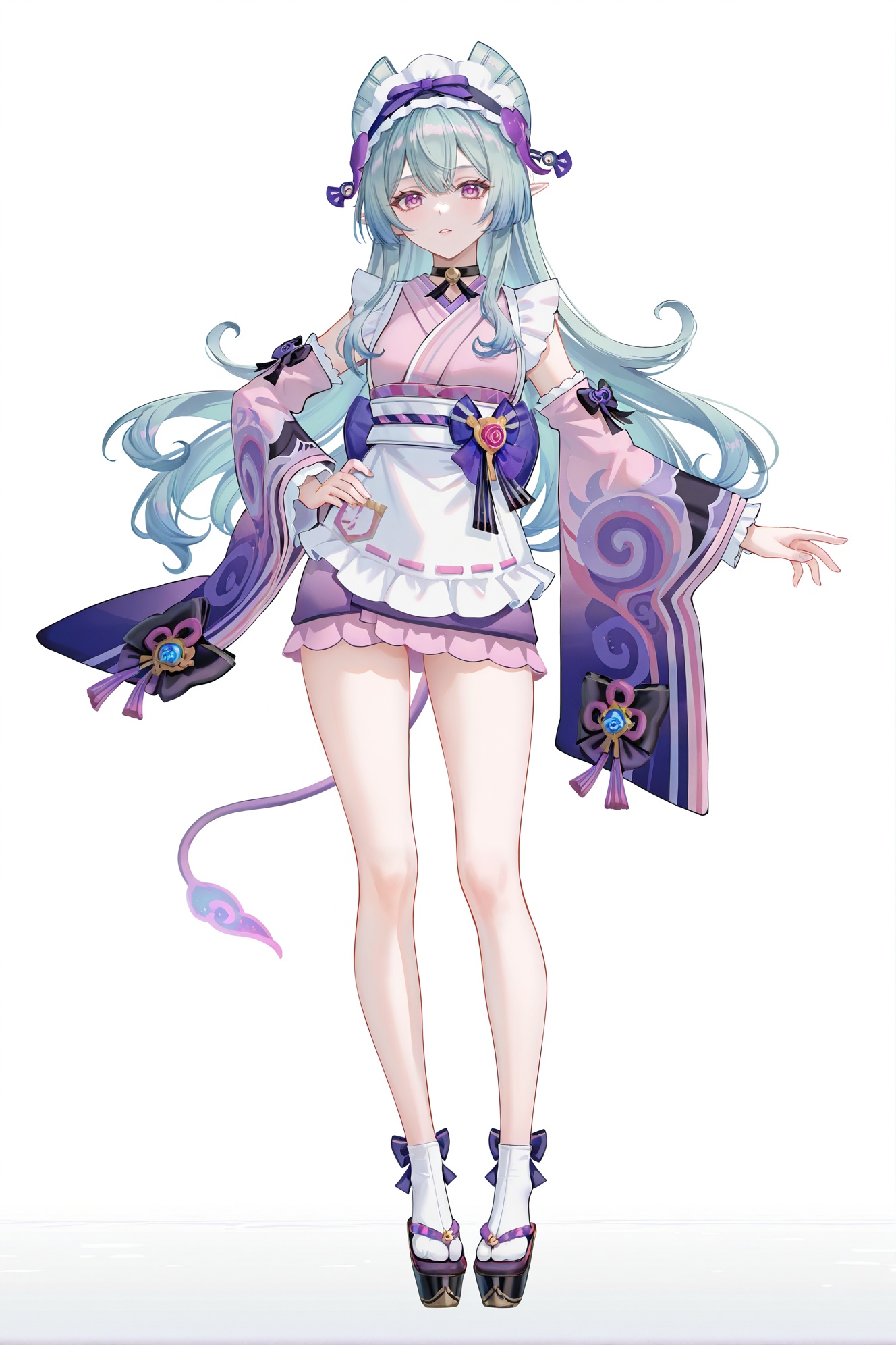 8k,best quality,masterpiece,(ultra-detailed),(high detailed skin),((artist:reoen),(artist:fuzichoco),(artist:atdan),(artist:torino_aqua),year 2024:0.8)1girl,[artist:wlop],[artist:ningen_mame],artist:ciloranko,[[artist:rhasta]],artist:tidsean,colorful,full body,full shot,standing,looking at viewer,(solo:1.2),simple background,(white background:1.2),hand on own hip,(white background:1.1),<lora:mjyue-IL-Tanger:0.8>,Yumemizuki Mizuki /(Genshin Impact/),clothes: purple kimono with white apron and maid headdress,tail,1girl,japanese clothes,wa maid,purple flower,purple eyes,detached sleeves,apron,maid headdress,long hair,A full-body portrait of a young girl,standing gracefully,pastel art style,high-key lighting,shoujo manga influence,hd quality,delicate details,