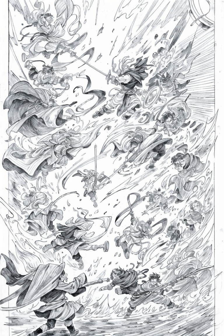 ((HRD, HUD, 8K)),((masterpiece, best quality)), highly detailed,Fight, monochrome, hakurei reimu, weapon, sword, multiple girls, greyscale, battle, multiple boys, hair bow, 6+boys, bow, holding, traditional media, <lora:20240514-1715656820714:0.8>