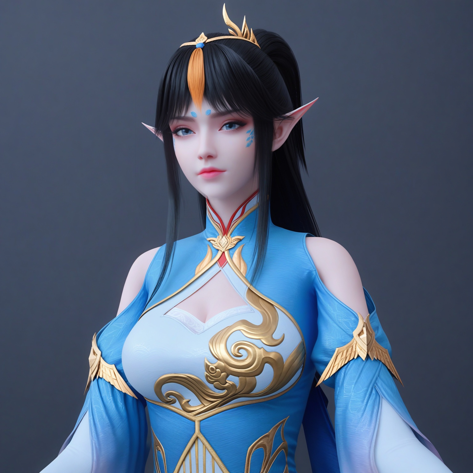 (upper_body:1.1),(huge breasts:0.9),48.<lora:YQponyfengqingerV2:0.8>,q1528437228,solo,1girl,black_hair,pointy_ears,long_hair,dress,facial_mark,hair_ornament,bangs,clothing_cutout,blue_dress,chinese_clothes,elf,blue_eyes,cleavage_cutout,ponytail,bare_shoulders,thighhighs,colored_skin,detached_sleeves,blue_skin,white_dress,forehead_mark,horns,single_horn,sidelocks,white_thighhighs,shoulder_cutout,black_eyes,blue_footwear,blue_hair,parted_bangs,china_dress,socks,,blush,(looking_at_viewer:1.1),BREAKintricate details,shiny_skin,solo focus,(blurry background:1.1),(depth of field:1.1),perfect_anatomy,(cinematic lighting:0.9),(volumetric lighting:0.9),(simple background,pure black background,black background:1.1),