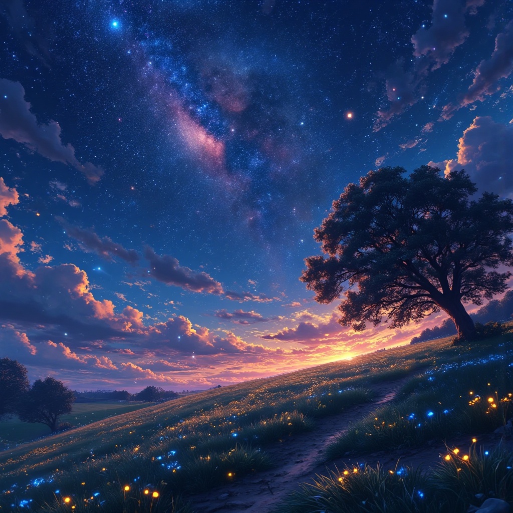 scenery, sky, no humans, outdoors, star (sky), cloud, starry sky, grass, night, light particles, night sky, fireflies, tree, nature, sunset, cloudy sky