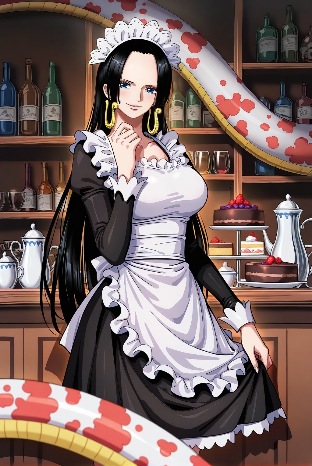 8k,best quality,masterpiece,(ultra-detailed),(high detailed skin),[artist:wlop],[artist:ningen_mame],artist:ciloranko,[[artist:rhasta]],artist:tidsean,looking at viewer,<lora:女帝ILL:0.8>,nvdi,black hair,1girl,long hair,jewelry,earrings,blue eyes,boa hancock one piece,boa hancock,<lora:立绘构图ILL:0.2>,lihui,1girl,black hair,jewelry,earrings,solo,maid,long hair,maid headdress,cake,apron,food,enmaided,smile,breasts,maid apron,looking at viewer,dress,large breasts,bottle,blue eyes,black dress,cup,white apron,blush,