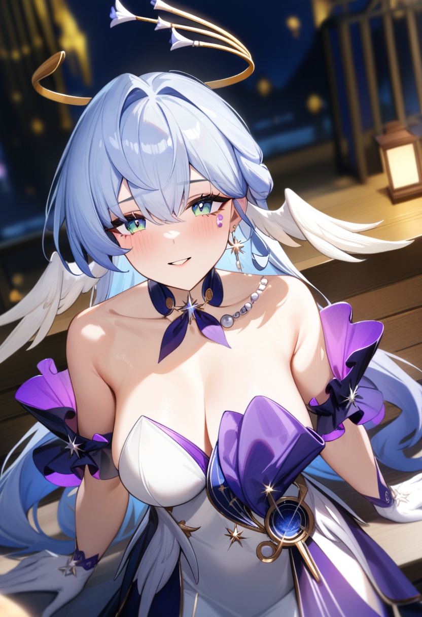 <lora:知更鸟a31:1>,a girl named robin,robin,1girl,strapless dress,bare shoulders,white gloves,halo,head wings,earrings,jewelry,, masterpiece, best quality, very aesthetic, absurdres