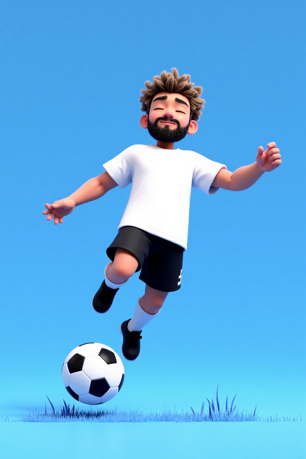 beijihui,a 3D rendering of a boy in a white t-shirt,black shorts,white socks and black shoes is mid-air,kicking a black and white soccer ball. The boy's head is turned slightly to the right,his eyes are closed. His hair is a light brown color,and he has a black beard. The background is a bright blue,and there is a strip of grass in the lower right corner of the frame.,