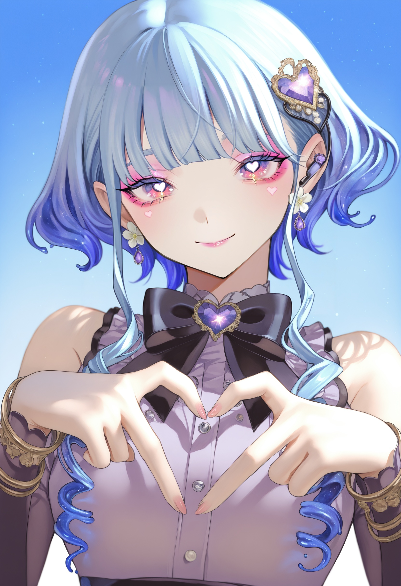 1girl, upper body, heart-shaped pupils, nail polish, sleeveless shirt, choker, medium breasts, shirt, flower earrings, smile, blurry background, gem, gradient eyes, detached sleeves, pink lips, frills, breasts, black bowtie, solo, purple gemstone, blue hair, collarbone, black bow, grey shirt, floral print, makeup, symbol in eye, long sleeves, symbol-shaped pupils, pink nails, pearl hair ornament, white flower, gold bracelet, pink eyeshadow, purple choker, collared shirt, heart hands, ringlets, purple eyes, bowtie, sleeveless, flower \(symbol\), frilled bowtie, blunt bangs, closed mouth, earrings, heart in eye, short hair with long locks, black sleeves, bare shoulders, eyeshadow, headset, eyebrows hidden by hair, looking at viewer, wing collar, blurry foreground, blue background, hair ornament, multicolored eyes, heart hands duo, jewelry,masterpiece, best quality